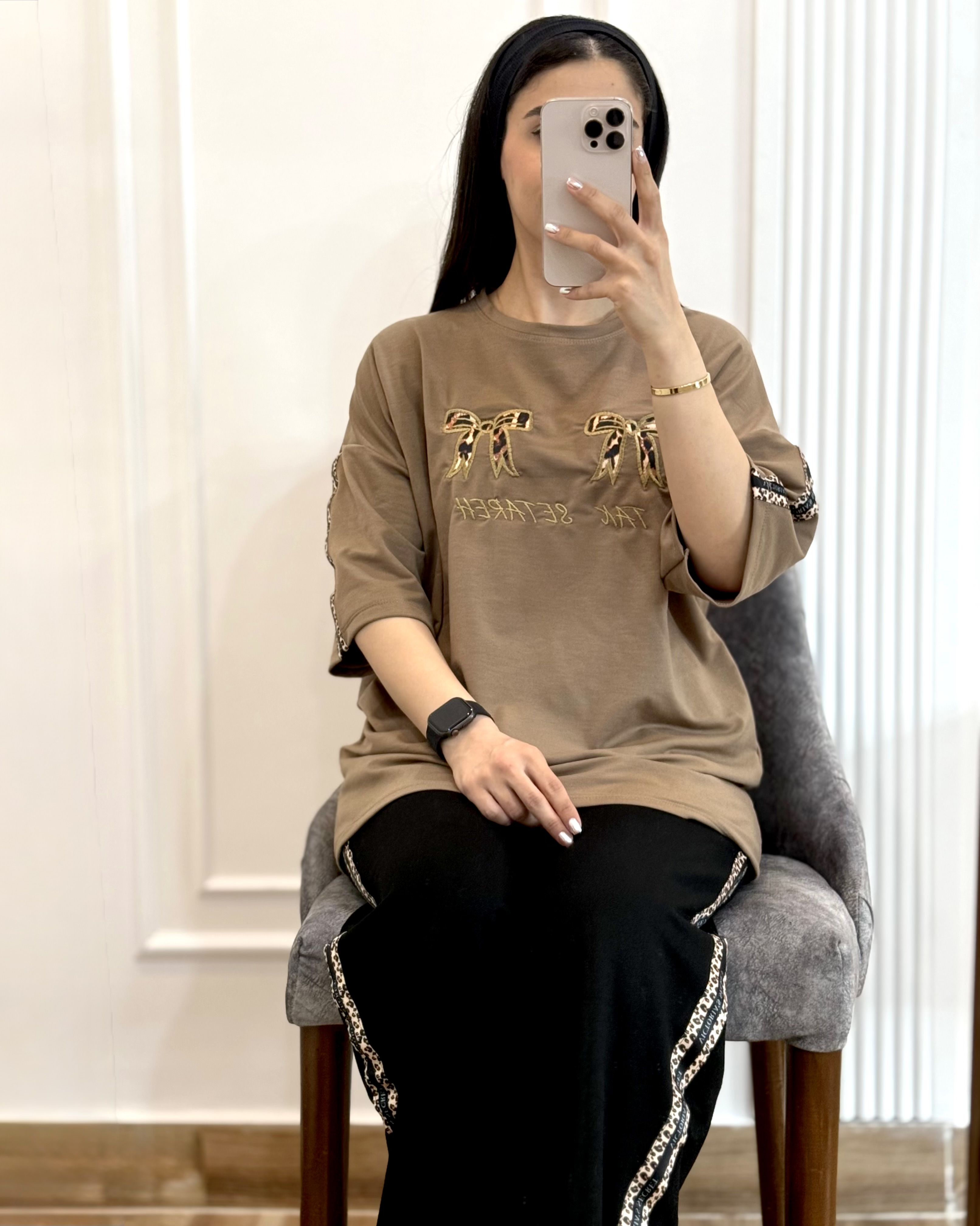 ست تیشرت شلوار بگی بغل نواردار پاپیون